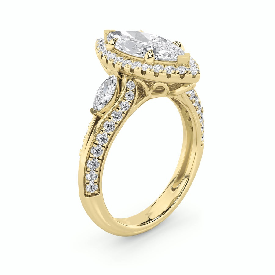 3CTW Marquise Shaped Lab Grown Diamond (F/VS) Three Stone Halo Enagement Ring in 14K Gold