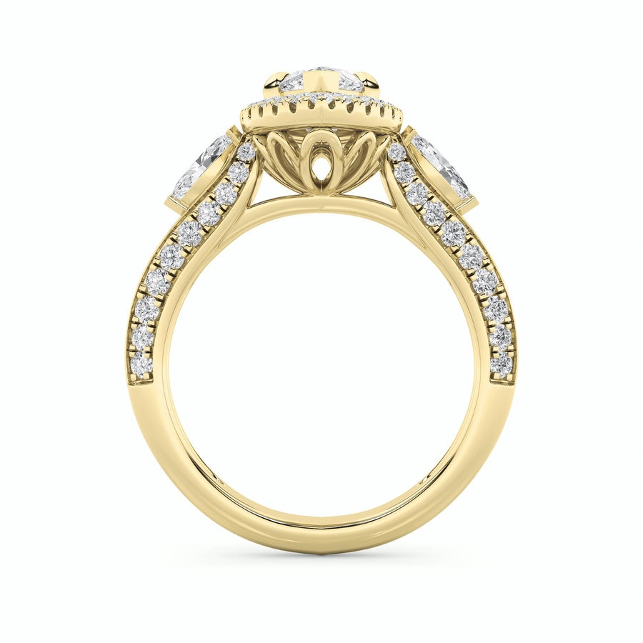 3CTW Marquise Shaped Lab Grown Diamond (F/VS) Three Stone Halo Enagement Ring in 14K Gold