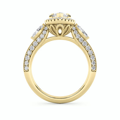 3CTW Marquise Shaped Lab Grown Diamond (F/VS) Three Stone Halo Enagement Ring in 14K Gold