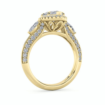 3CTW Marquise Shaped Lab Grown Diamond (F/VS) Three Stone Halo Enagement Ring in 14K Gold