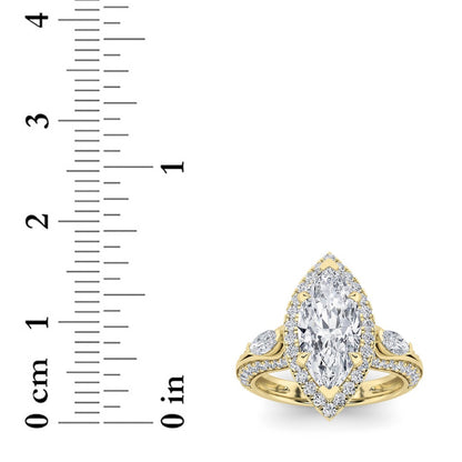 3CTW Marquise Shaped Lab Grown Diamond (F/VS) Three Stone Halo Enagement Ring in 14K Gold