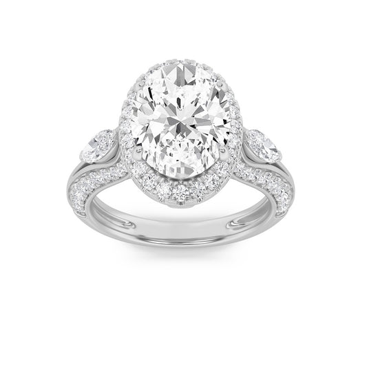 3CTW Oval Shaped Lab Grown Diamond (F/VS) Three Stone Halo Enagement Ring in 14K Gold