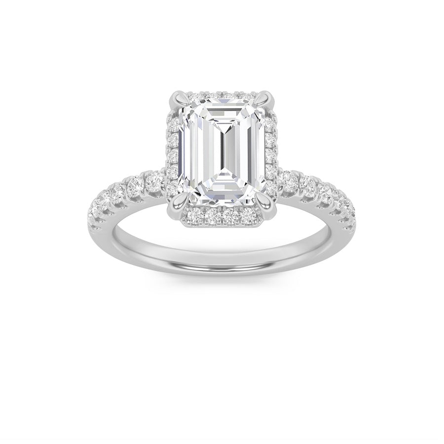 2CTW Emerald Shaped Lab Grown Diamond (F/VS) Halo Accented Engagement Ring in 14K Gold