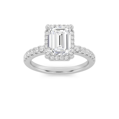 2CTW Emerald Shaped Lab Grown Diamond (F/VS) Halo Accented Engagement Ring in 14K Gold