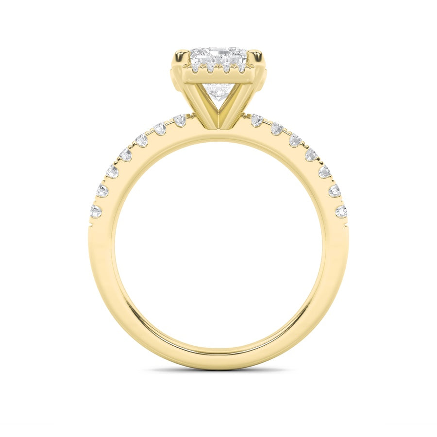 2CTW Emerald Shaped Lab Grown Diamond (F/VS) Halo Accented Engagement Ring in 14K Gold