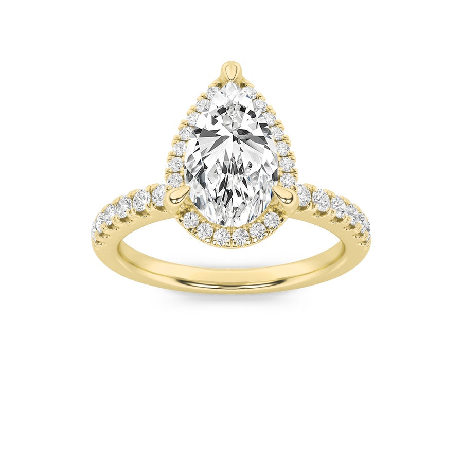 2CTW Pear Shaped Lab Grown Diamond (F/VS) Halo Accented Engagement Ring in 14K Gold