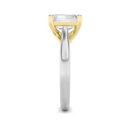3CTW Emerald Shaped Lab Grown Diamond (F/VS) Two Tone Cathedral Shank Engagement Ring in 14K Gold