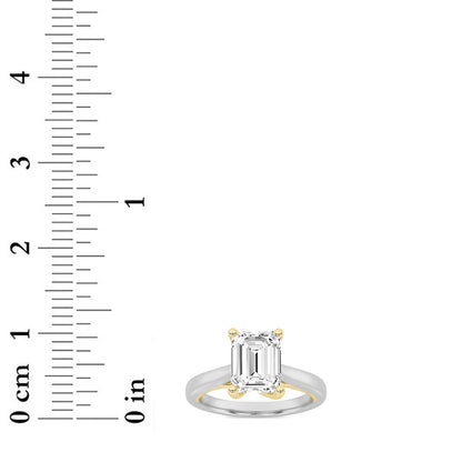 3CTW Emerald Shaped Lab Grown Diamond (F/VS) Two Tone Cathedral Shank Engagement Ring in 14K Gold