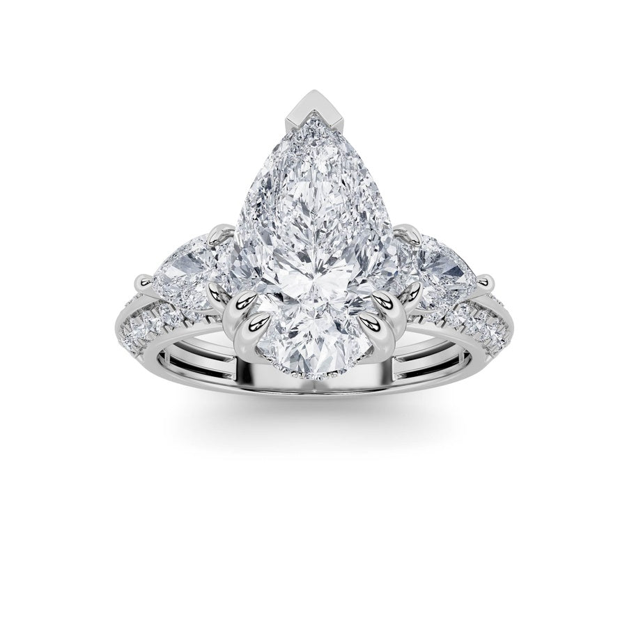 3.5CTW Pear Shaped Lab Grown Diamond (G/VS) Three Stone Accented Engagement Ring in 14K Gold