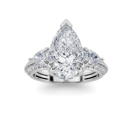 3.5CTW Pear Shaped Lab Grown Diamond (G/VS) Three Stone Accented Engagement Ring in 14K Gold