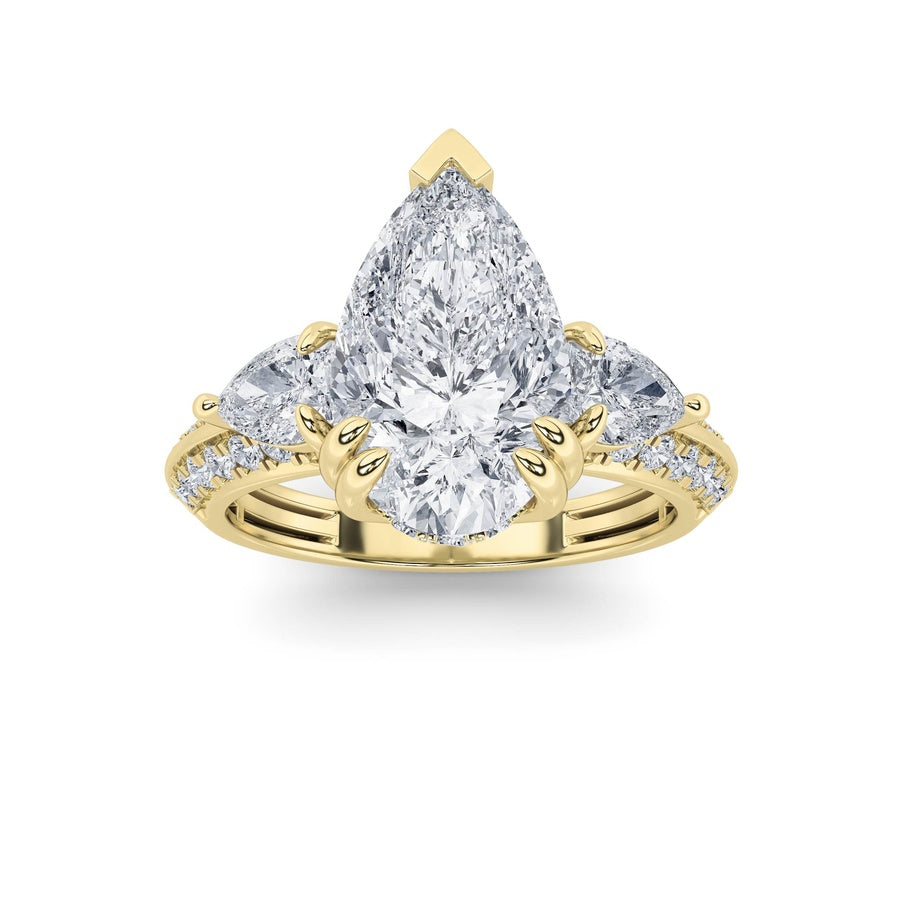 3.5CTW Pear Shaped Lab Grown Diamond (G/VS) Three Stone Accented Engagement Ring in 14K Gold