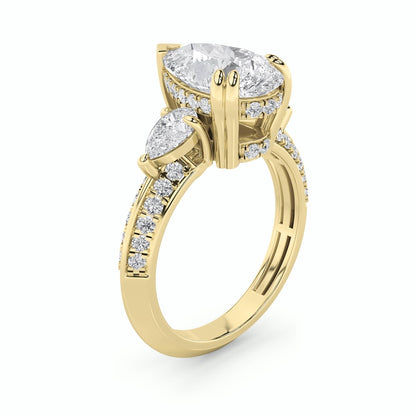 3.5CTW Pear Shaped Lab Grown Diamond (G/VS) Three Stone Accented Engagement Ring in 14K Gold