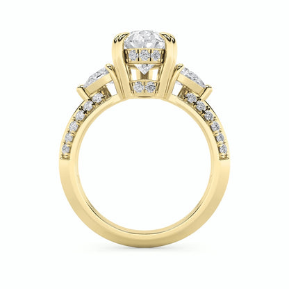 3.5CTW Pear Shaped Lab Grown Diamond (G/VS) Three Stone Accented Engagement Ring in 14K Gold
