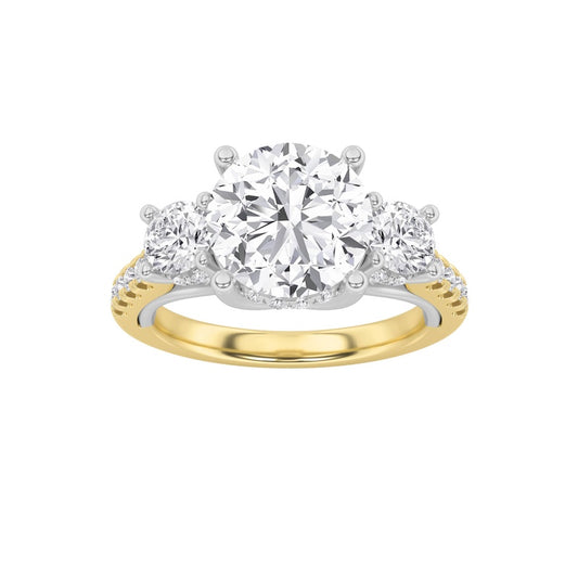 3CTW Round Shaped Lab Grown Diamond (F/VS) Accented Three Stone Ring in 14K Gold
