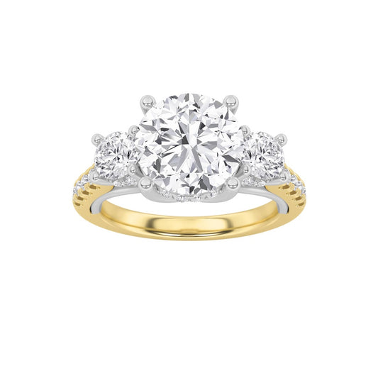 3CTW Round Shaped Lab Grown Diamond (F/VS) Accented Three Stone Ring in 14K Gold