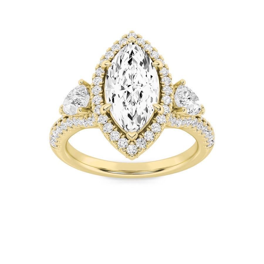 3CTW Marquise Shaped Lab Grown Diamond (F/VS) Three Stone Bold Accented Engagement Ring in 14K Gold