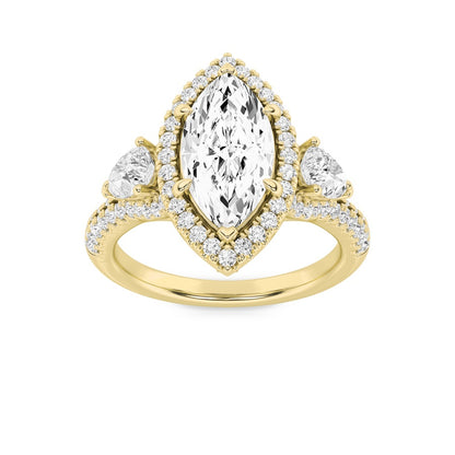 3CTW Marquise Shaped Lab Grown Diamond (F/VS) Three Stone Bold Accented Engagement Ring in 14K Gold