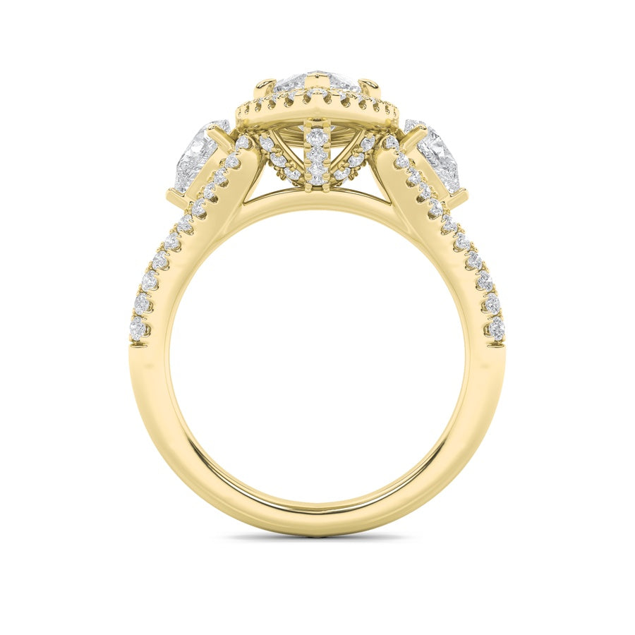 3CTW Marquise Shaped Lab Grown Diamond (F/VS) Three Stone Bold Accented Engagement Ring in 14K Gold