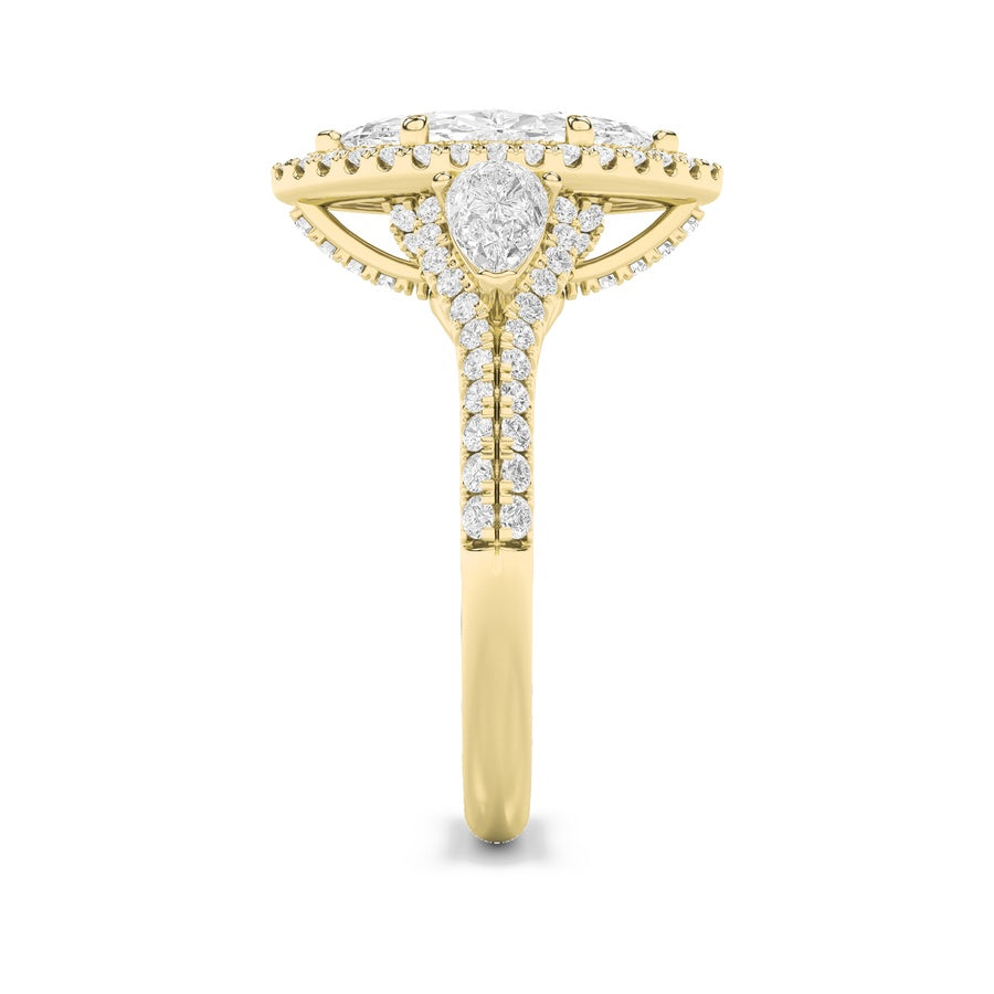 3CTW Marquise Shaped Lab Grown Diamond (F/VS) Three Stone Bold Accented Engagement Ring in 14K Gold