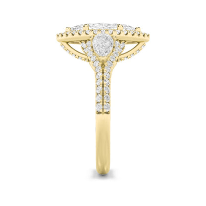 3CTW Marquise Shaped Lab Grown Diamond (F/VS) Three Stone Bold Accented Engagement Ring in 14K Gold